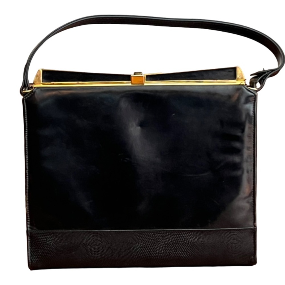 Vintage 40s/50s Black Purse With Gold Accents And Crocodile Embossed Base